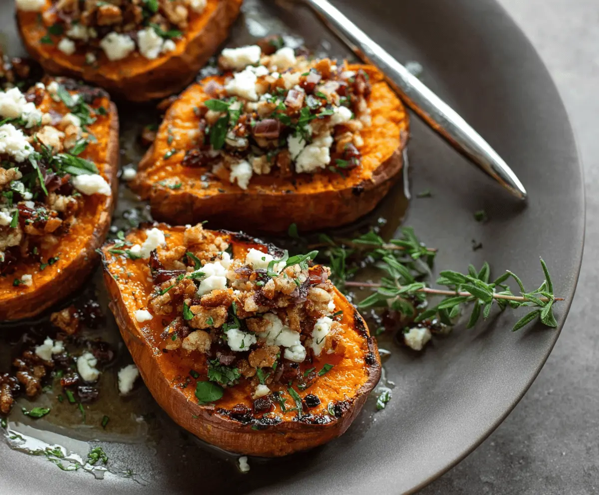 Golden roasted sweet potato rounds topped with crumbled feta cheese and drizzled with honey, served as a delicious and healthy appetizer or snack.