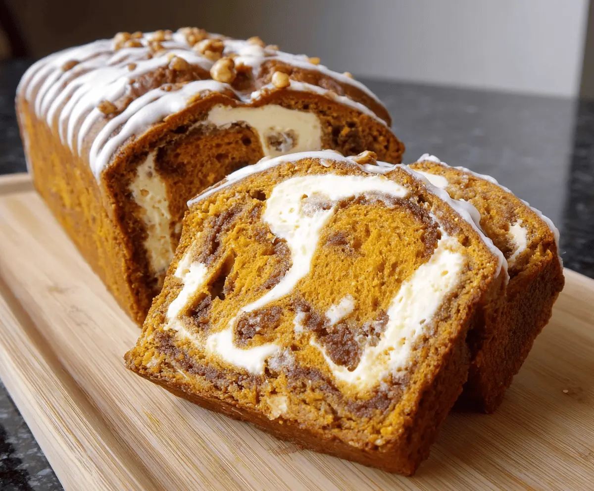 Swirled pumpkin cream cheese bread topped with cinnamon and sugar, fresh out of the oven, showcasing a moist and flavorful pumpkin treat perfect for fall baking.