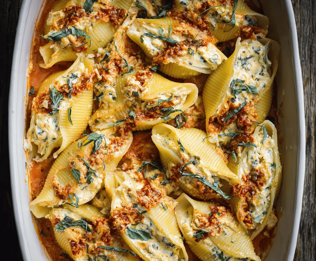 Delicious vegan pumpkin ricotta stuffed pasta shells garnished with fresh herbs on a white plate, perfect for fall-inspired plant-based meals