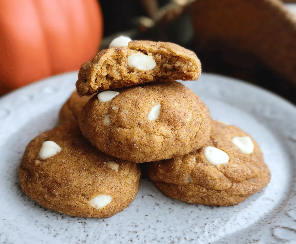 Delicious white chocolate pumpkin snickerdoodles topped with cinnamon sugar on a baking sheet, perfect for fall treats