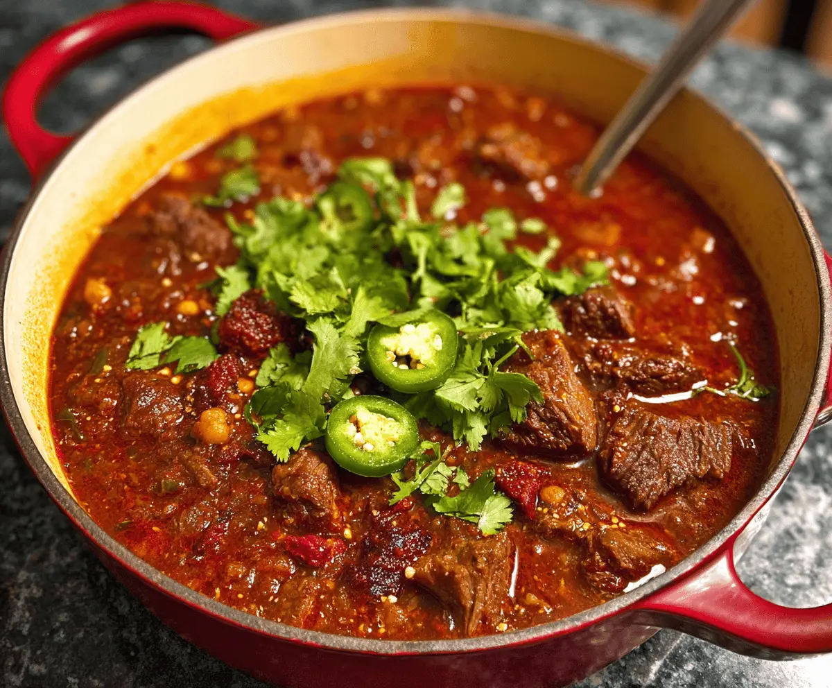 Hearty award-winning short rib and chorizo chili in a bowl topped with fresh herbs and melted cheese