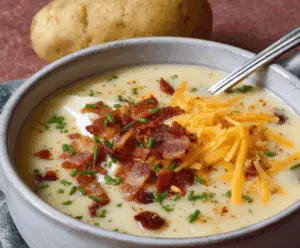 Creamy baked potato soup garnished with chopped chives and shredded cheese, served in a rustic bowl.