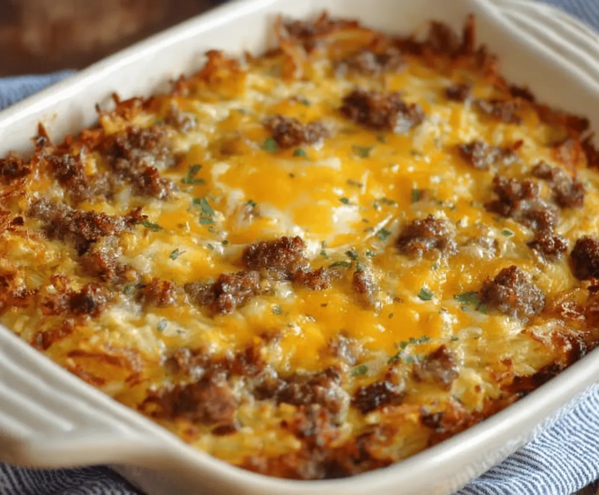 Delicious breakfast casserole with sausage and crispy hash browns served hot on a plate