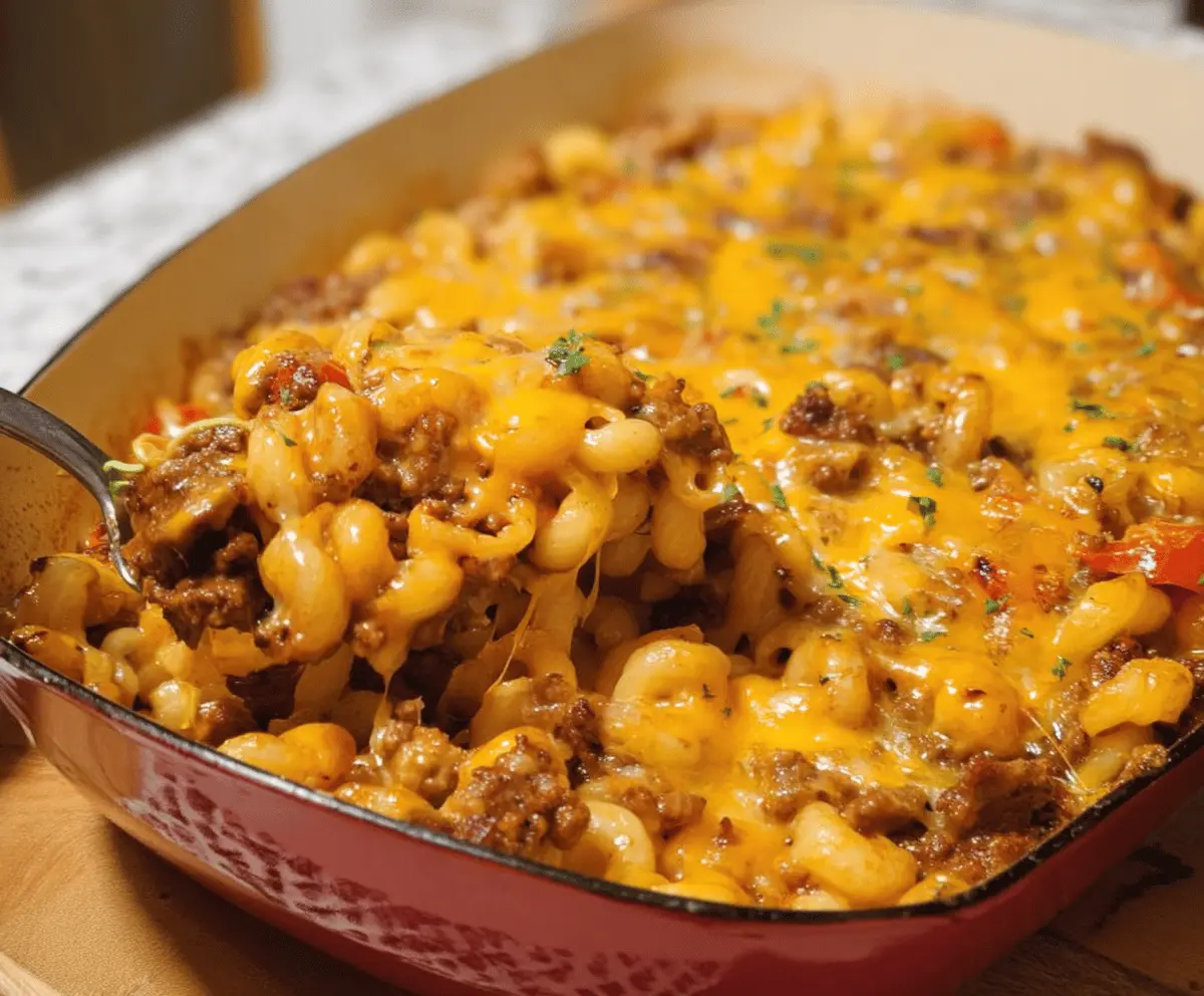 Delicious cheesy hamburger casserole bake ready for a quick and easy weeknight dinner with melted cheese, seasoned ground beef, and crispy topping