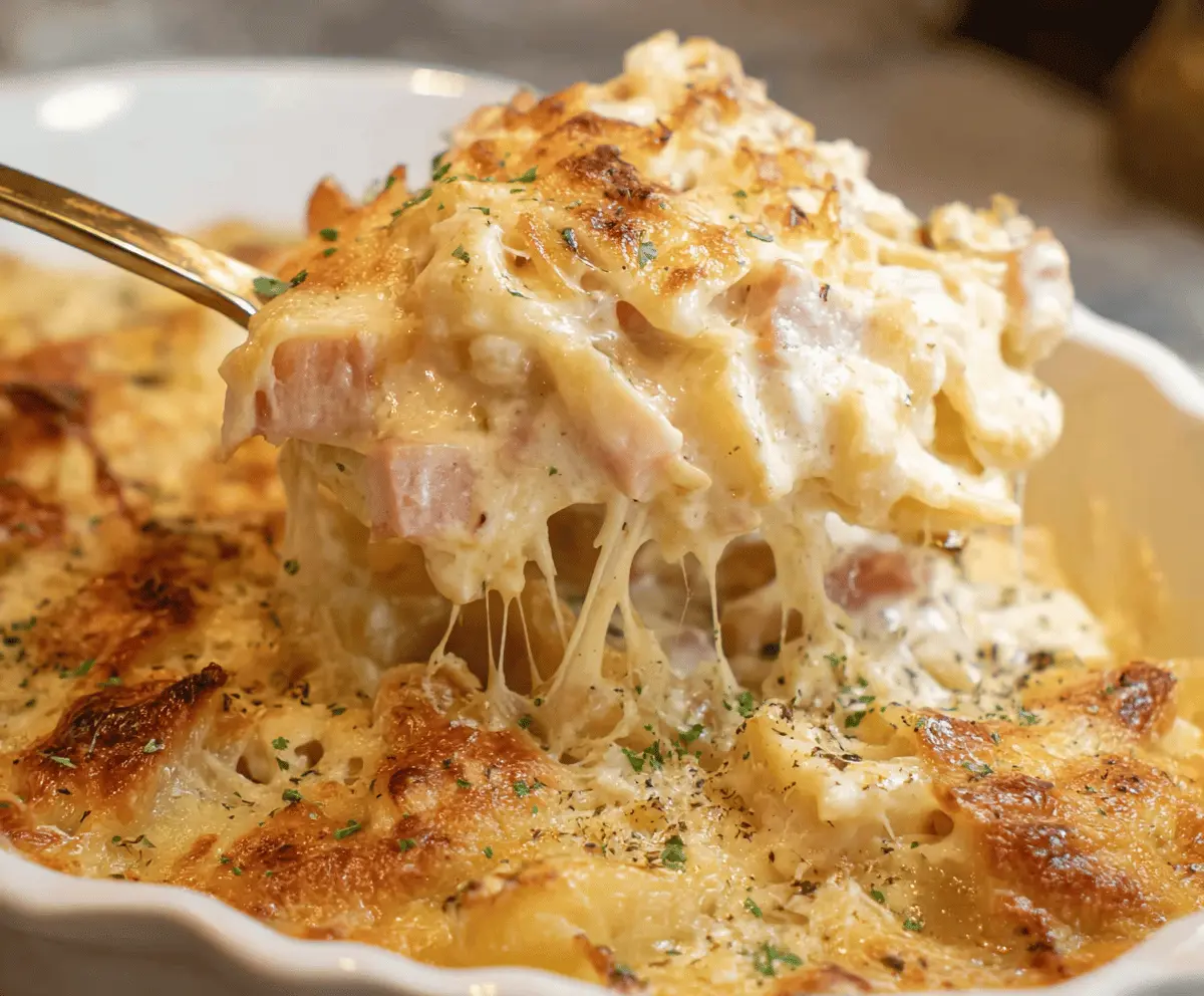 Chicken cordon bleu casserole in dish