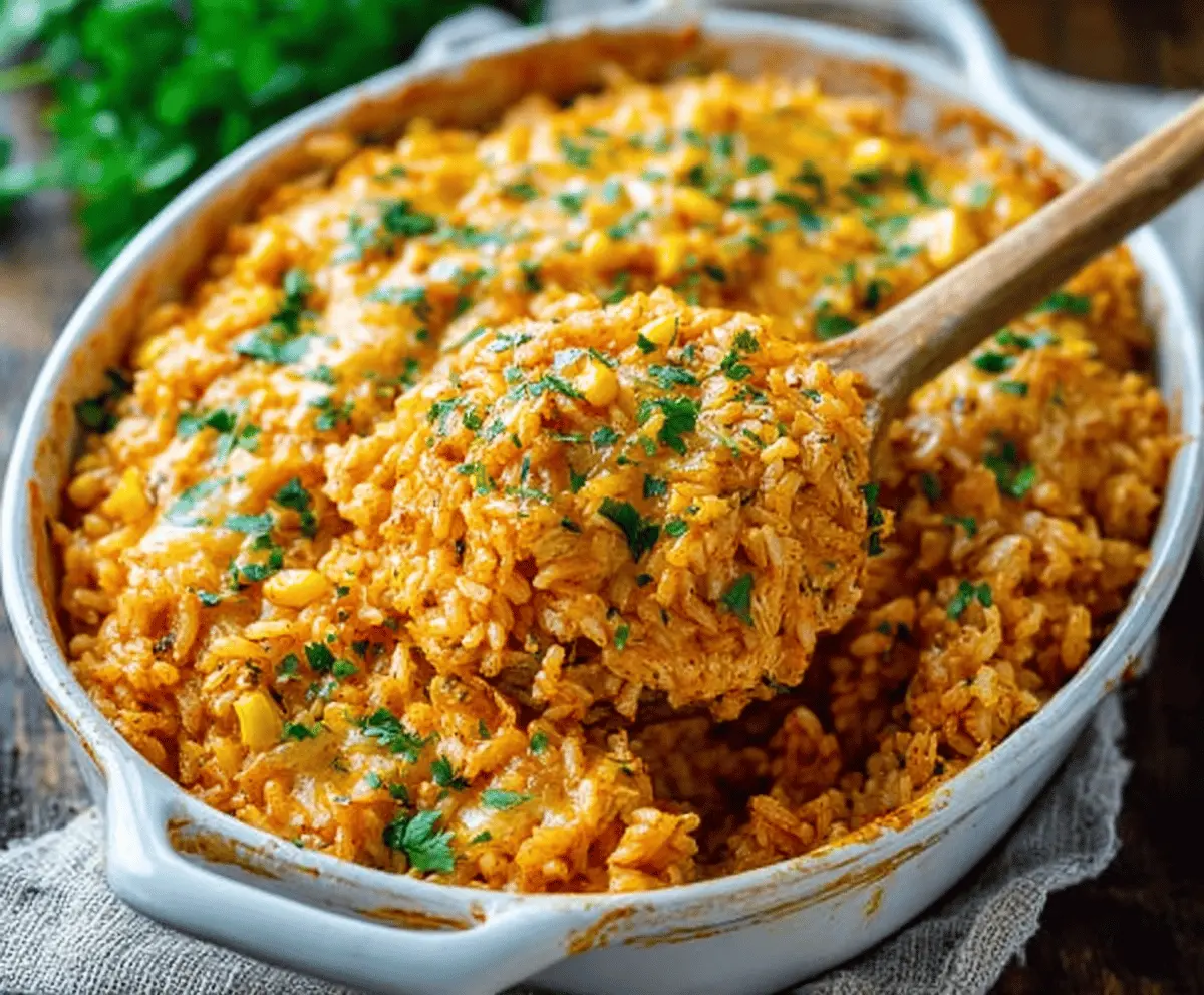 Delicious Chicken Enchilada Rice Casserole topped with melted cheese and garnished with fresh cilantro, ready to serve in 35 minutes