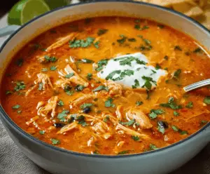Creamy Chicken Enchilada Soup topped with shredded cheese, fresh cilantro, and a dollop of sour cream in a bowl on a rustic wooden table.