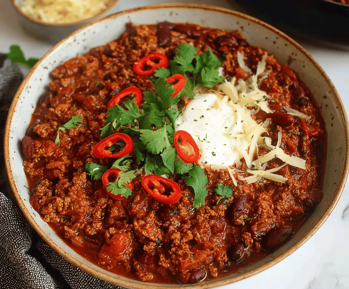 Delicious homemade chili con carne served in a bowl with beans, ground beef, tomatoes, and spices, perfect for a hearty meal