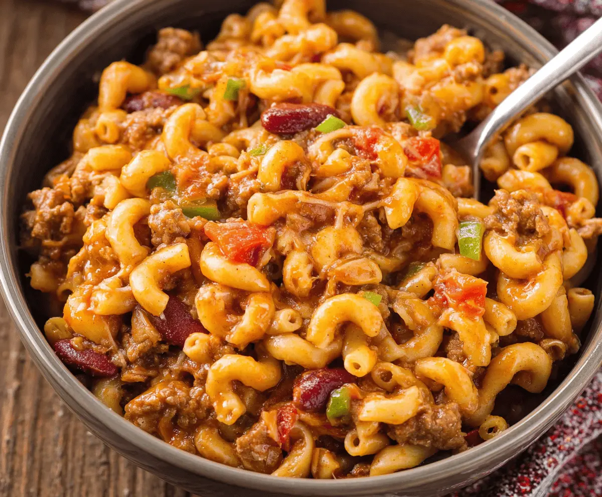 Creamy chili mac dish featuring seasoned ground beef, melted cheese, and pasta topped with chopped green onions, served in a bowl for a hearty comfort meal.