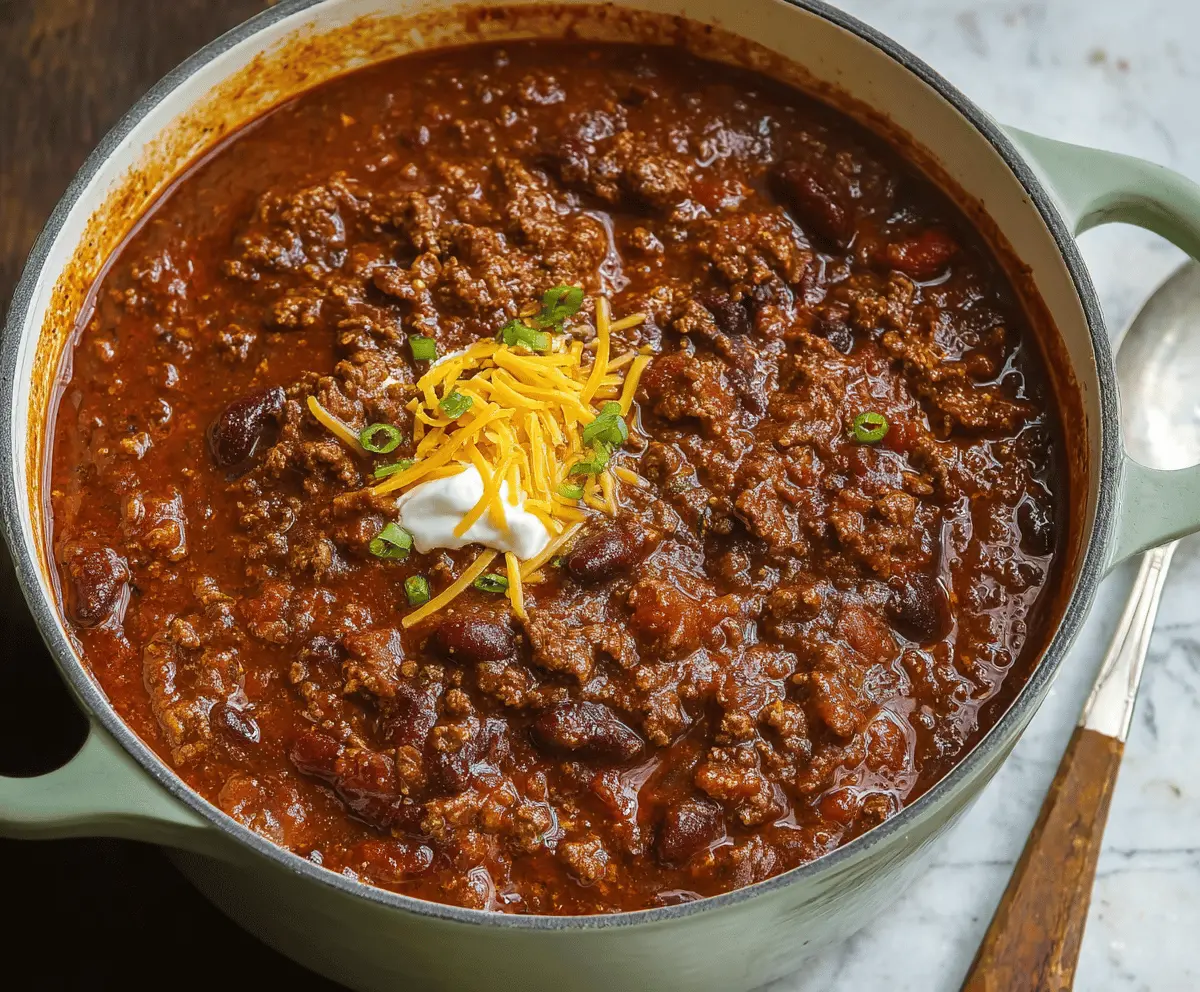 A steaming bowl of hearty classic beef chili topped with shredded cheese, chopped onions, and fresh cilantro, served with cornbread on the side.