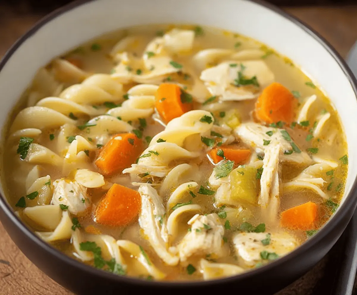 A steaming bowl of CopyCat Panera Bread Chicken Noodle Soup with shredded chicken, vegetables, and noodles garnished with fresh herbs, served in a white bowl on a wooden table.