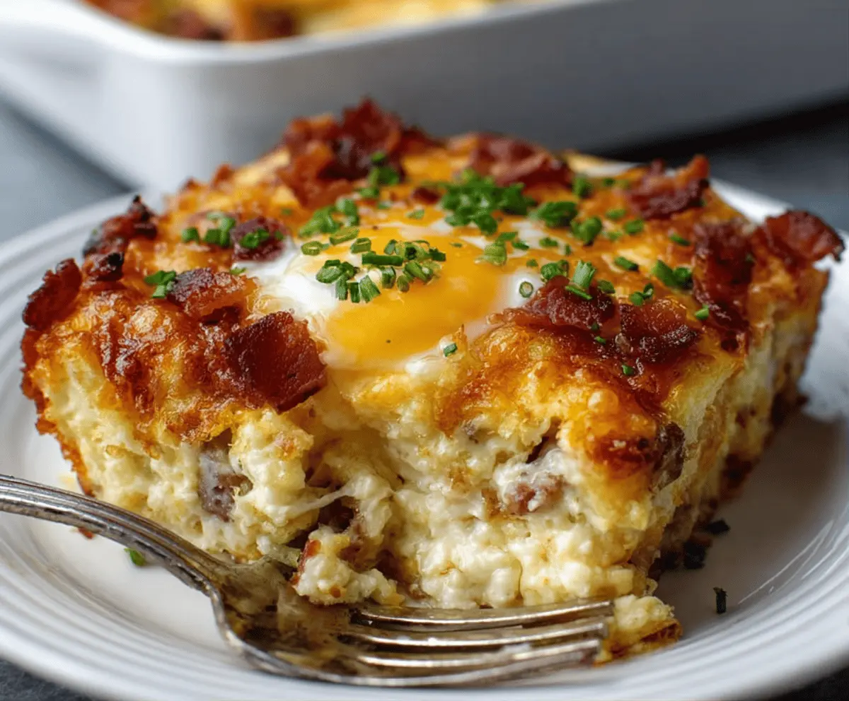 Delicious Crack Breakfast Casserole with eggs, cheese, sausage, and hash browns served in a baking dish