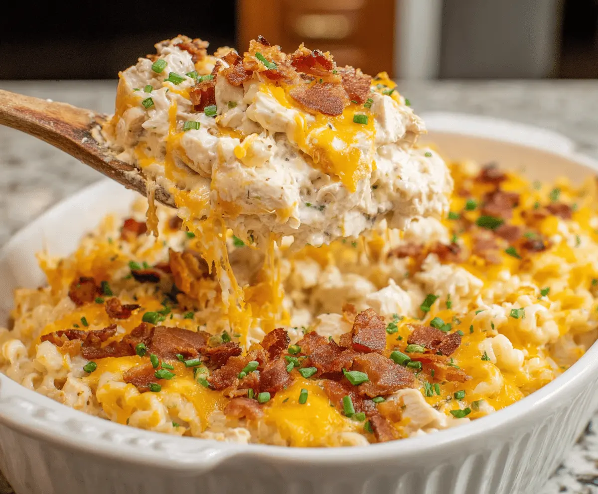 Delicious Crack Chicken Casserole with crispy bacon, melted cheese, and creamy shredded chicken in a baked casserole dish, perfect for a comforting meal.