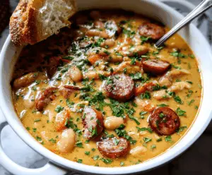Creamy bean soup with sausage in a bowl, garnished with herbs, served with crusty bread for a hearty meal