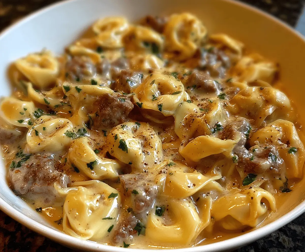 Creamy cheesesteak tortellini served in rich provolone cheese sauce, garnished with fresh herbs, perfect for a flavorful Italian-inspired meal.