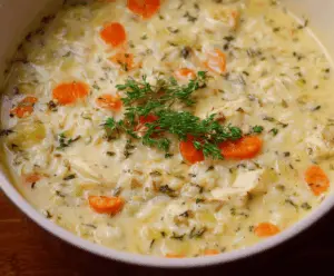 A bowl of creamy chicken and rice soup topped with fresh herbs, showcasing tender chicken, fluffy rice, and a rich, velvety broth