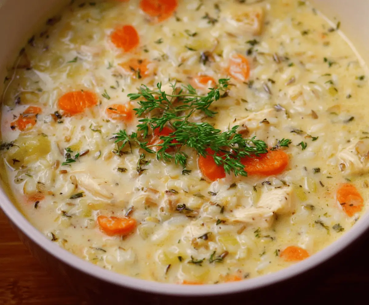 A bowl of creamy chicken and rice soup topped with fresh herbs, showcasing tender chicken, fluffy rice, and a rich, velvety broth