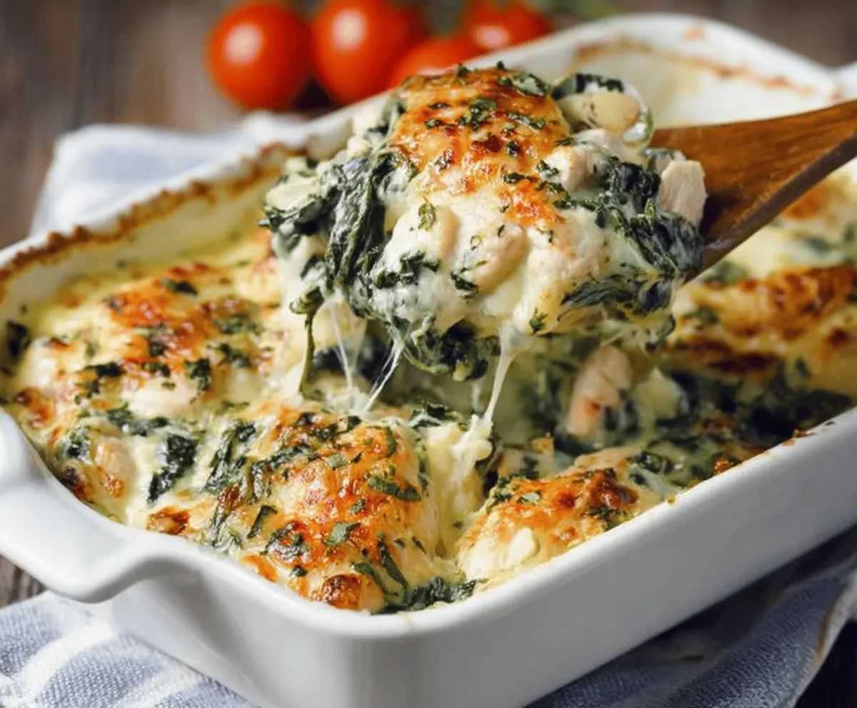 Creamy Chicken and Spinach Casserole topped with melted cheese and fresh herbs, served in a baking dish
