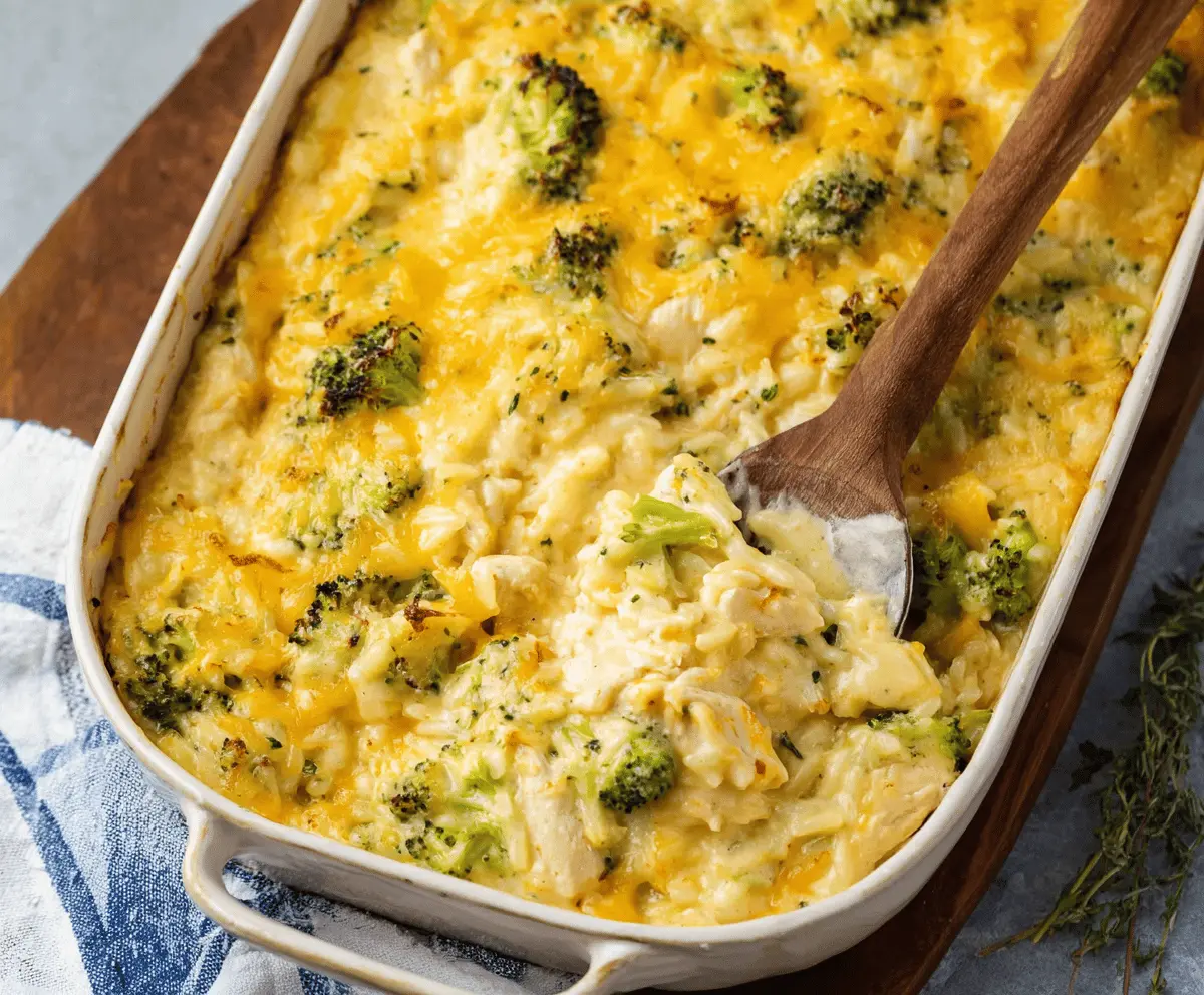 Creamy Chicken Broccoli Rice Cheese Casserole