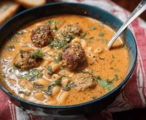 A bowl of creamy Italian meatball soup topped with fresh herbs, featuring tender meatballs, vegetables, and a rich, flavorful broth.