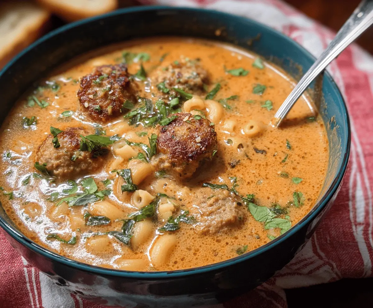 A bowl of creamy Italian meatball soup topped with fresh herbs, featuring tender meatballs, vegetables, and a rich, flavorful broth.