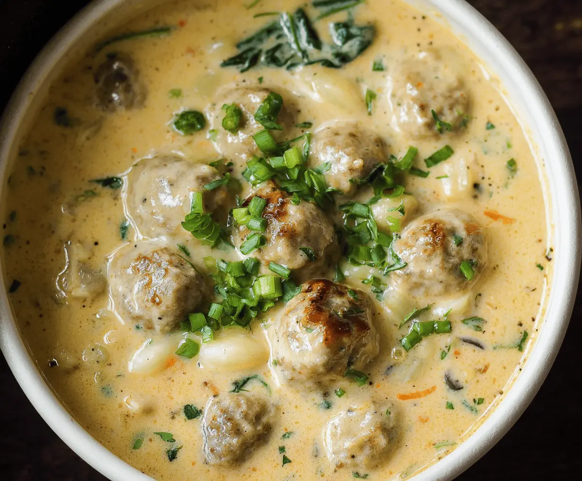 Creamy meatball soup in a bowl with fresh herbs, showcasing tender meatballs, creamy broth, and vegetables for a comforting and flavorful meal.