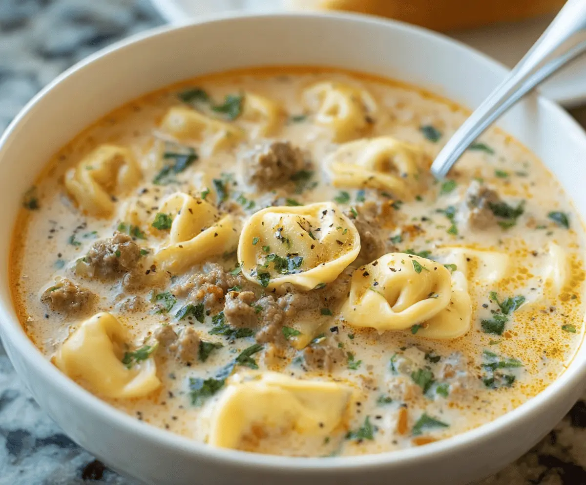 Creamy sausage tortellini soup in a bowl garnished with fresh herbs, showcasing a hearty and flavorful Italian-inspired appetizer or main dish.