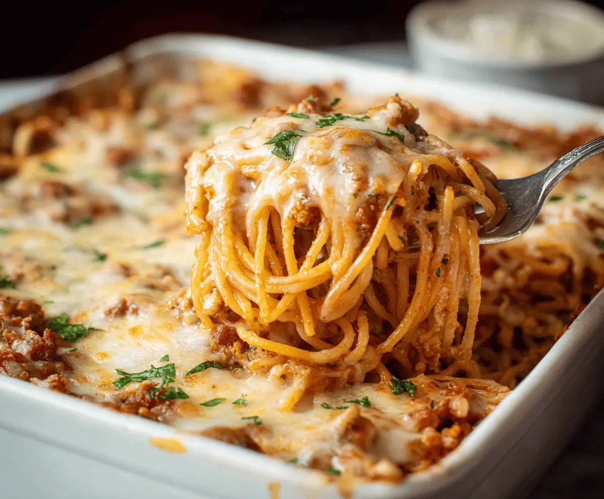 Delicious creamy Southern spaghetti bake topped with melted cheese and fresh herbs, served in a casserole dish