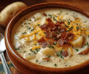 Creamy Crock Pot Crack Potato Soup in a bowl with bacon, cheese, and green onions garnished, ready to serve