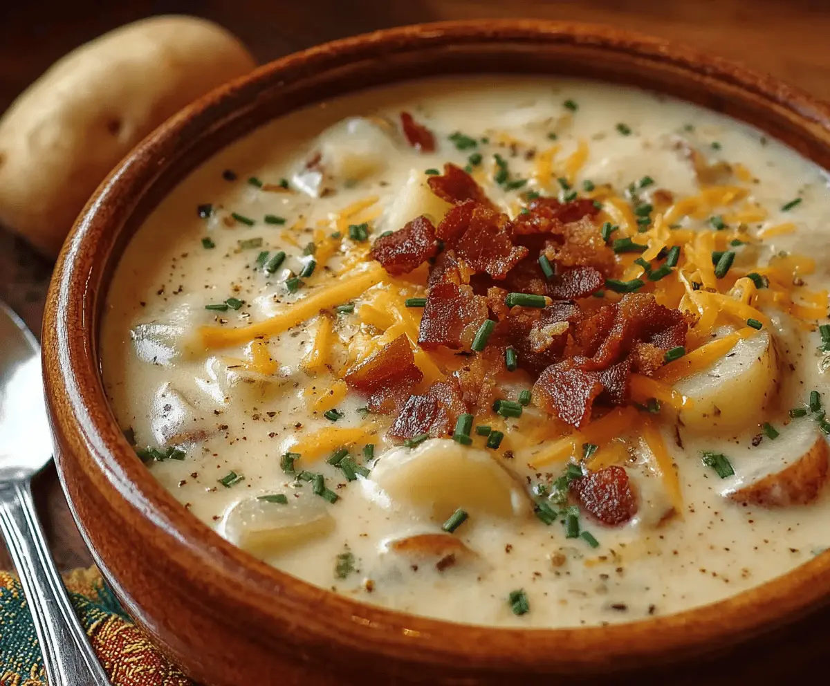Creamy Crock Pot Crack Potato Soup in a bowl with bacon, cheese, and green onions garnished, ready to serve