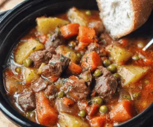 Delicious homemade Crockpot Beef Stew with tender beef chunks, carrots, potatoes, and savory broth in a slow cooker