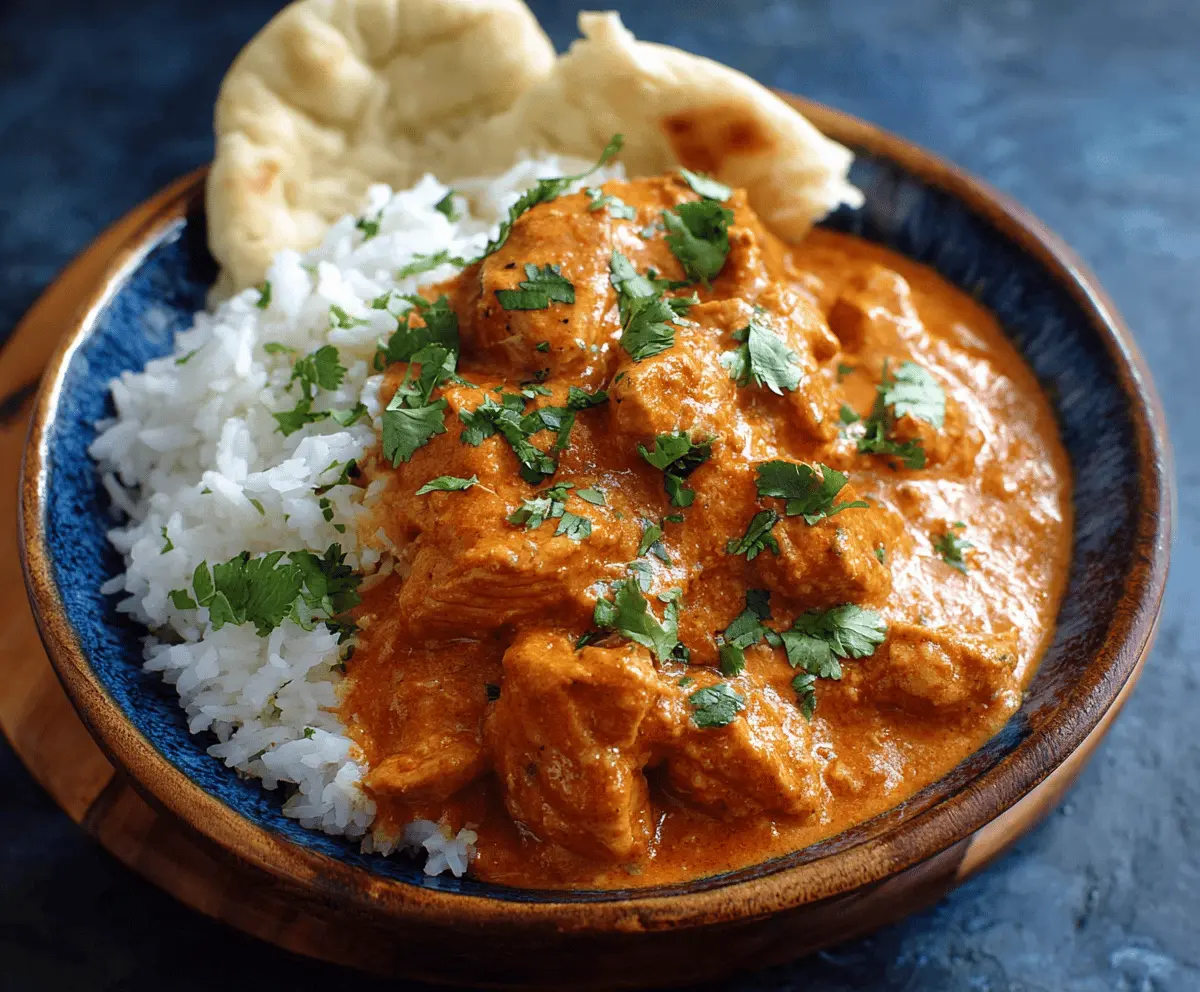 Creamy and flavorful Crockpot Butter Chicken served with rice, featuring tender chicken simmered in a rich tomato-based sauce with butter and spices.