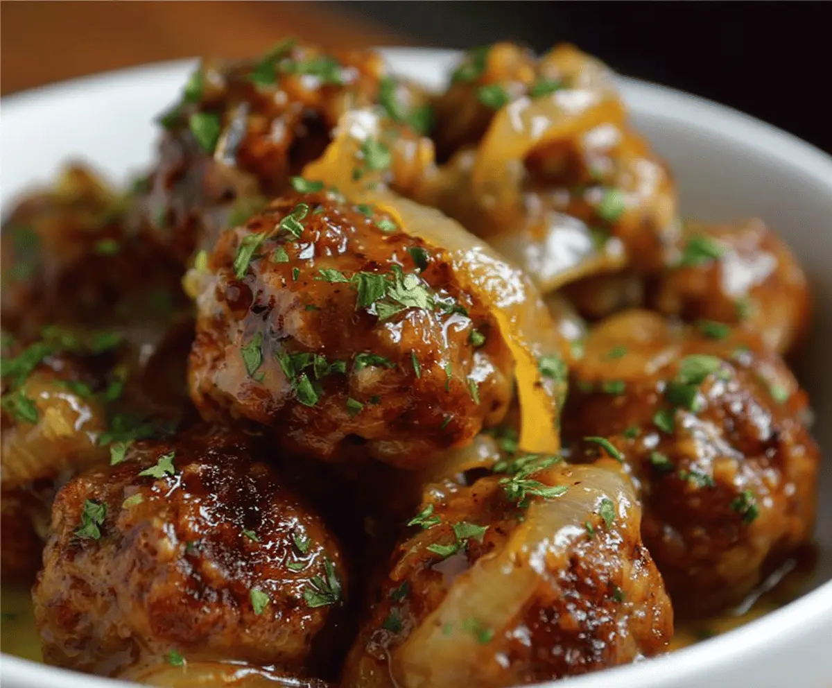 Delicious Crockpot French Onion Meatballs served in a bowl with caramelized onions and melted cheese, perfect for a flavorful appetizer or meal