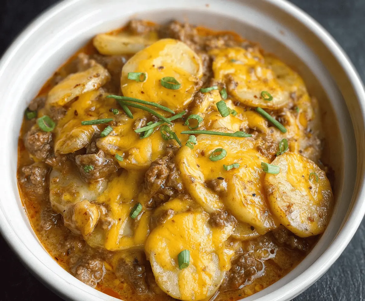 Delicious Crockpot Hamburger Potato Casserole served in a baking dish with melted cheese and fresh herbs, perfect for a hearty family meal