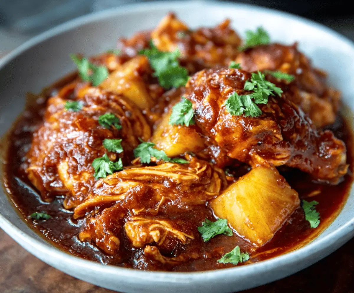 Delicious Crockpot Pineapple BBQ Chicken served with fresh herbs and colorful vegetables on a plate