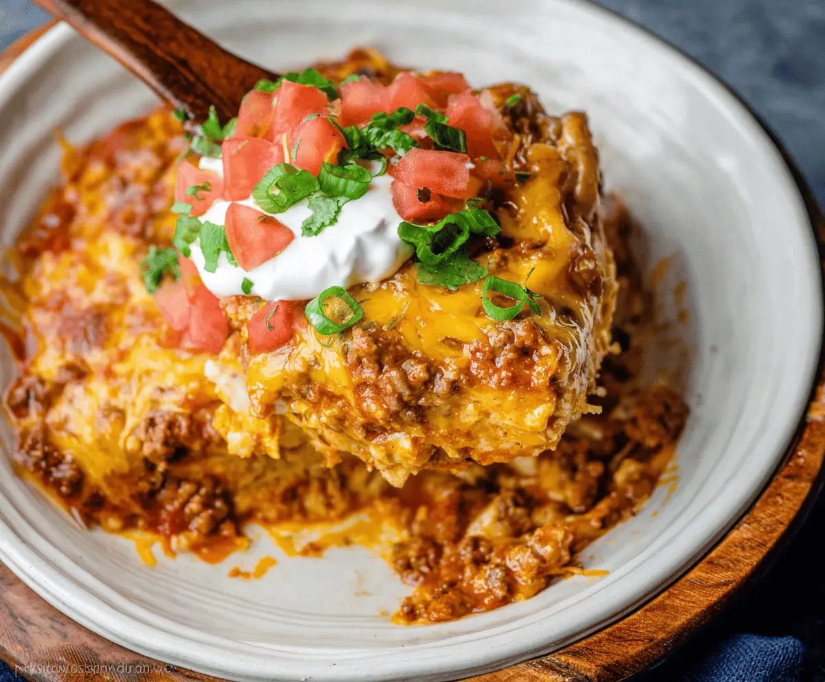 Delicious Crockpot Taco Casserole topped with melted cheese, fresh lettuce, tomatoes, and sour cream, served in a casserole dish