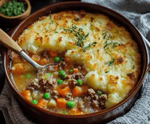 Creamy Shepherd’s Pie Soup in a bowl topped with melted cheese and fresh herbs, perfect for a comforting meal