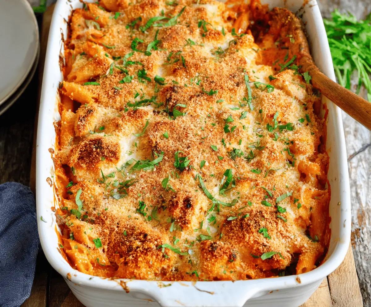 Delicious Dump-and-Bake Chicken Parmesan Casserole topped with melted cheese and fresh basil, ready to serve