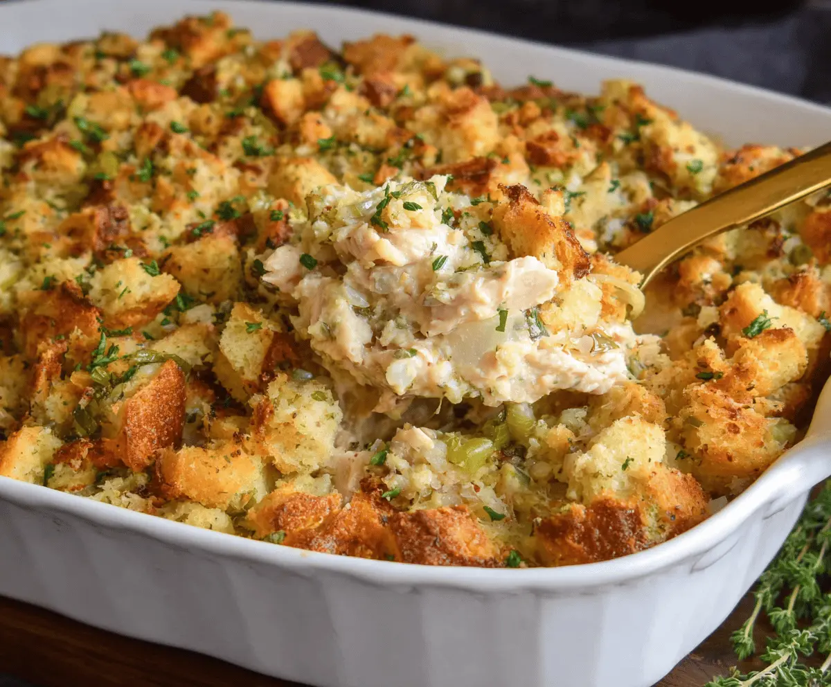 Delicious Easy Chicken & Stuffing Casserole topped with golden-brown stuffing and tender shredded chicken in a creamy sauce