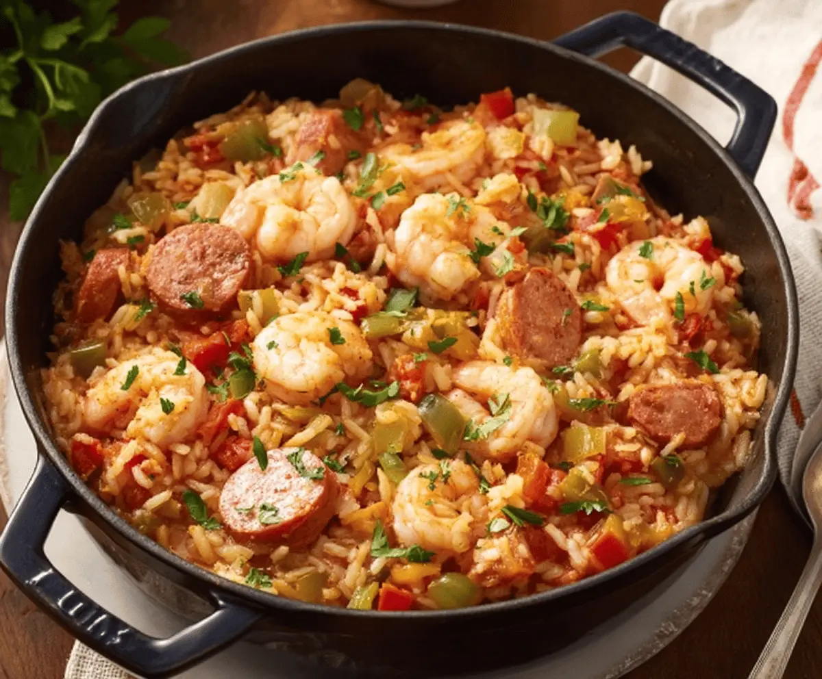 Delicious and easy homemade jambalaya with rice, sausage, shrimp, and vegetables on a plate