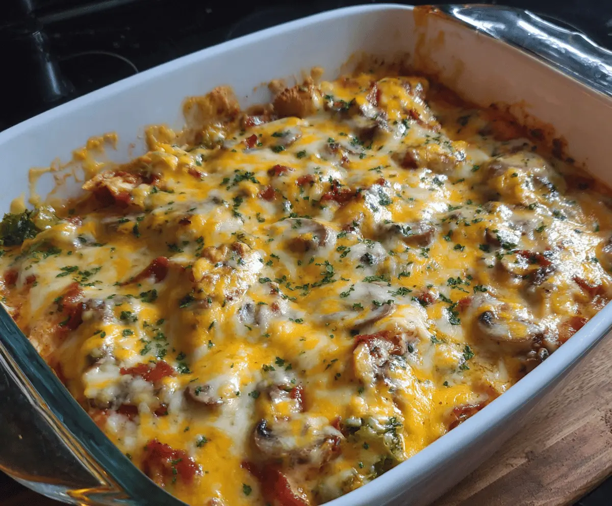 Delicious and easy low carb chicken casserole topped with melted cheese and fresh herbs, perfect for healthy dinner options.