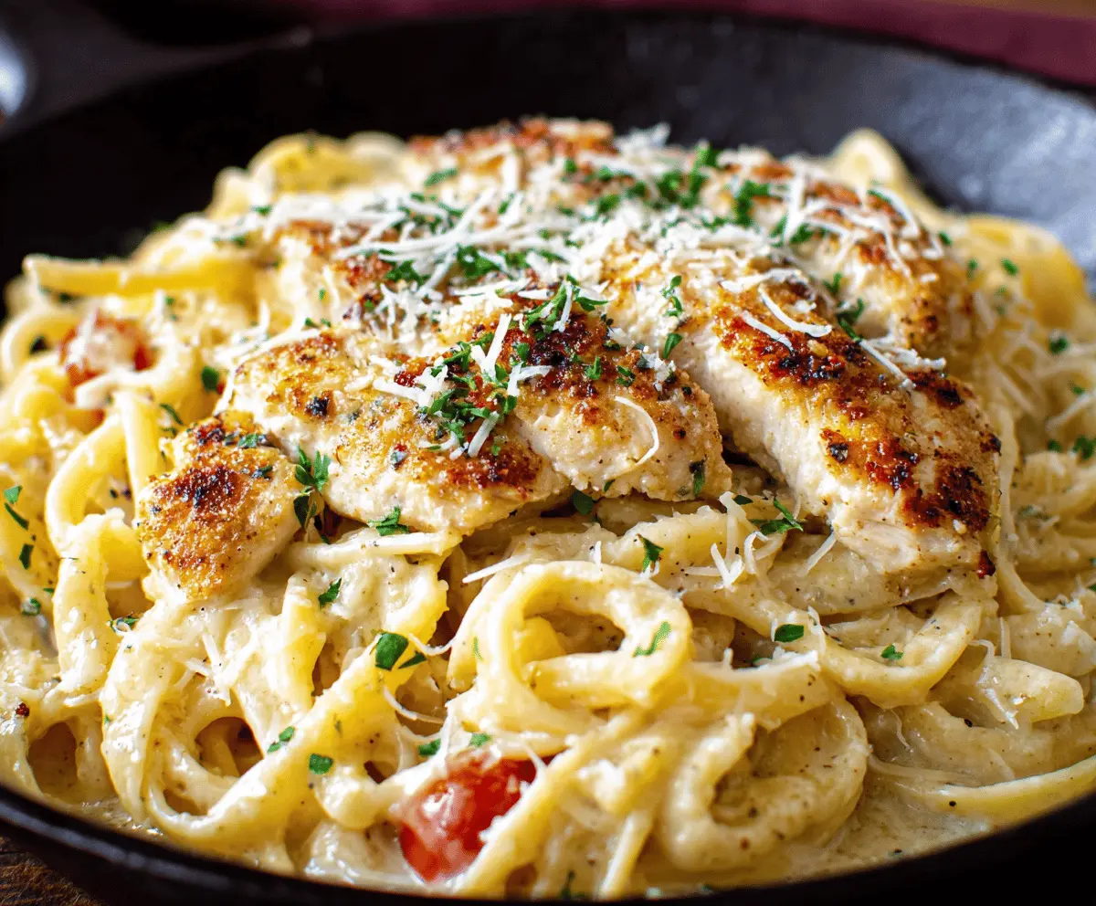 Creamy Parmesan Chicken Pasta dish with grilled chicken, pasta, and melted cheese, served on a white plate for an easy and flavorful meal.