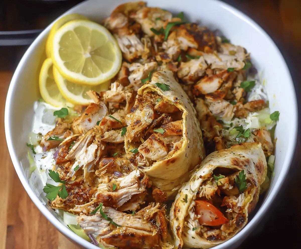 Delicious homemade slow cooker chicken shawarma with seasoned grilled chicken, fresh vegetables, and creamy garlic sauce on a plate