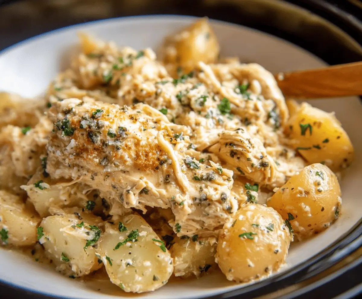 Creamy Garlic Parmesan Crockpot Chicken and Potatoes served in a bowl with fresh herbs and chopped parsley.