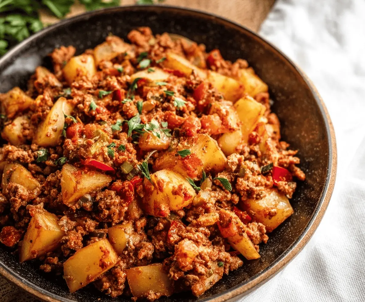 Savory ground turkey cooked with crispy roasted potatoes in a delicious skillet dish