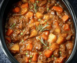 A bowl of hearty classic beef stew with tender beef chunks, vegetables, and rich gravy served in a rustic bowl.