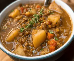 A bowl of hearty lentil and potato soup garnished with fresh herbs, served with crusty bread on a rustic table.