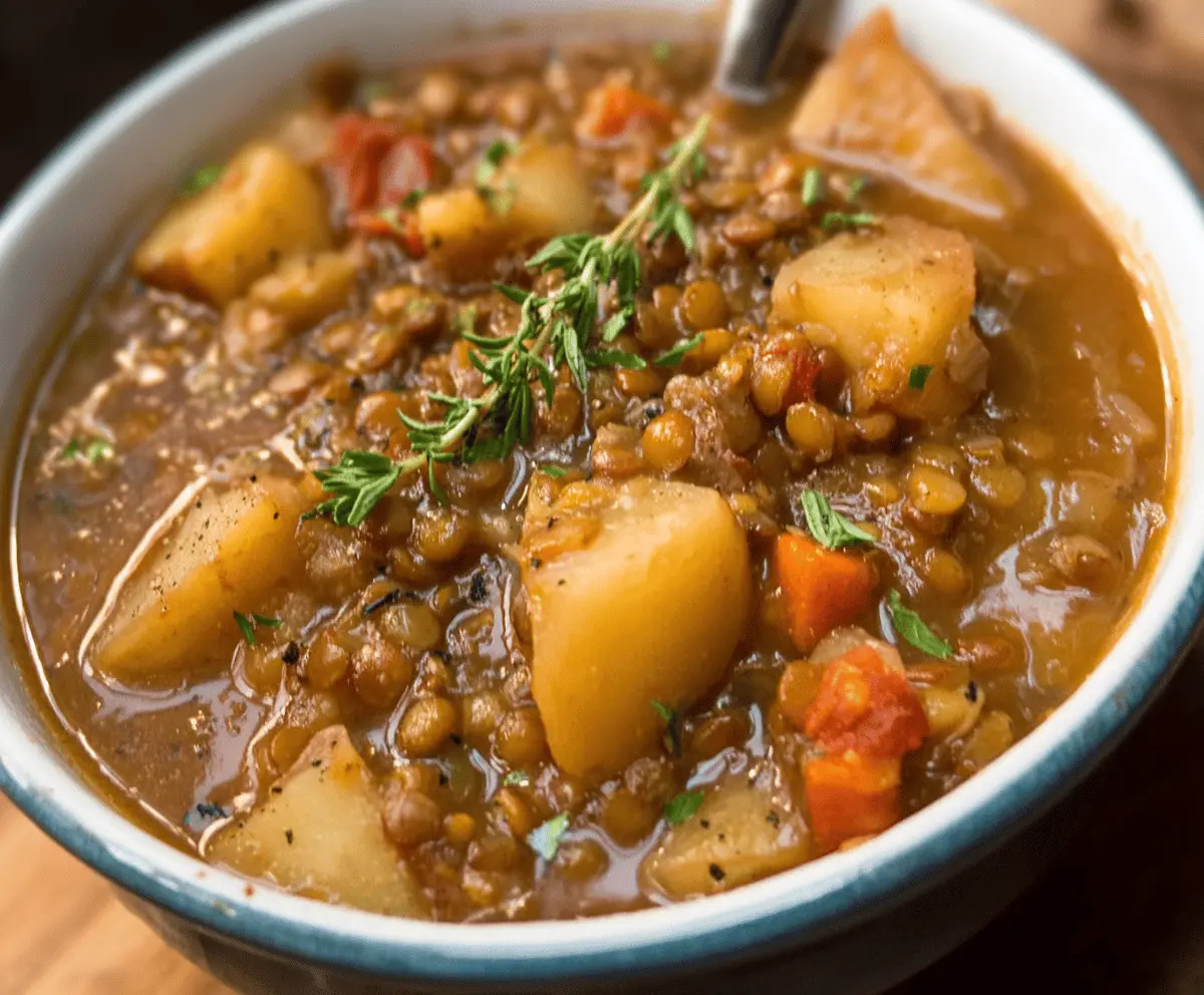 A bowl of hearty lentil and potato soup garnished with fresh herbs, served with crusty bread on a rustic table.
