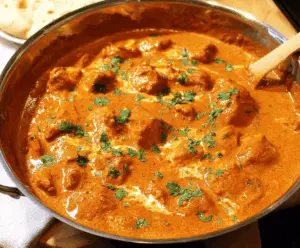 Delicious homemade butter chicken served with rice and garnished with fresh cilantro on a white plate