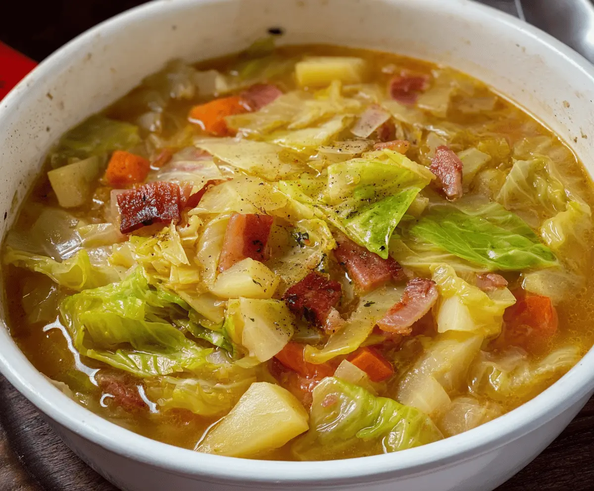 Creamy Irish Bacon, Cabbage, and Potato Soup in a bowl with fresh herbs, perfect for a hearty Irish meal.